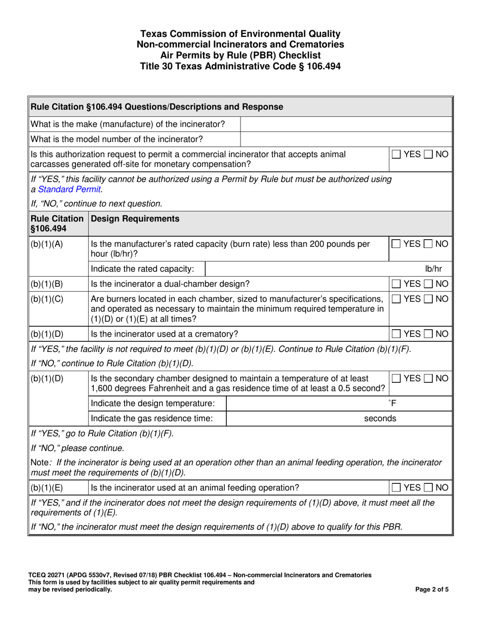 Form TCEQ-20271 Non-commercial Incinerators and Crematories Air Permits by Rule (Pbr) Checklist - Texas, Page 2