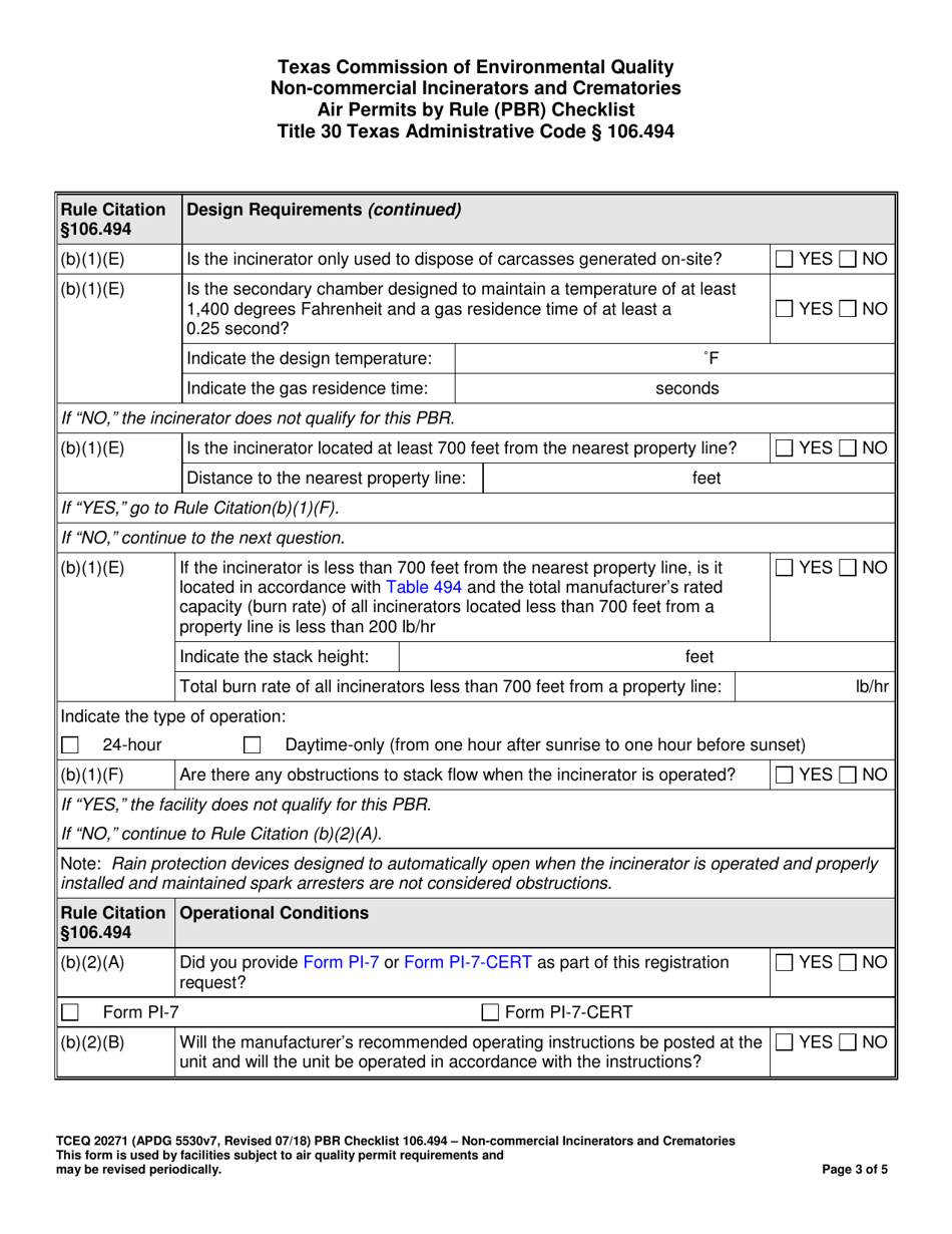 Form TCEQ-20271 Non-commercial Incinerators and Crematories Air Permits by Rule (Pbr) Checklist - Texas, Page 3