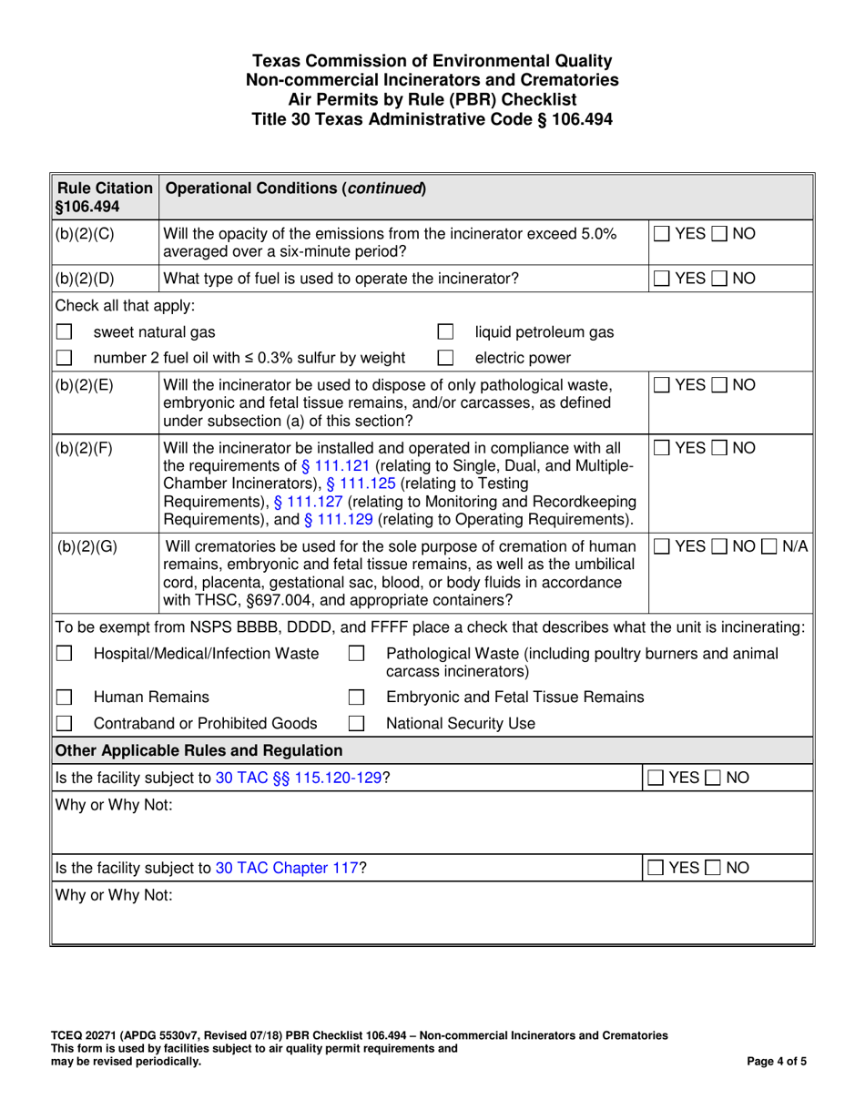 Form TCEQ-20271 Non-commercial Incinerators and Crematories Air Permits by Rule (Pbr) Checklist - Texas, Page 4