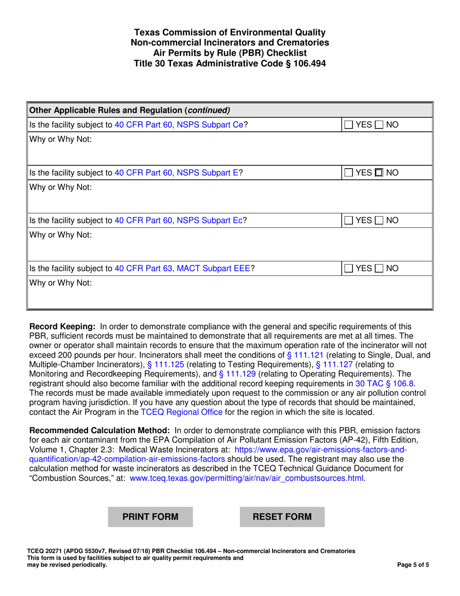 Form TCEQ-20271 Non-commercial Incinerators and Crematories Air Permits by Rule (Pbr) Checklist - Texas, Page 5