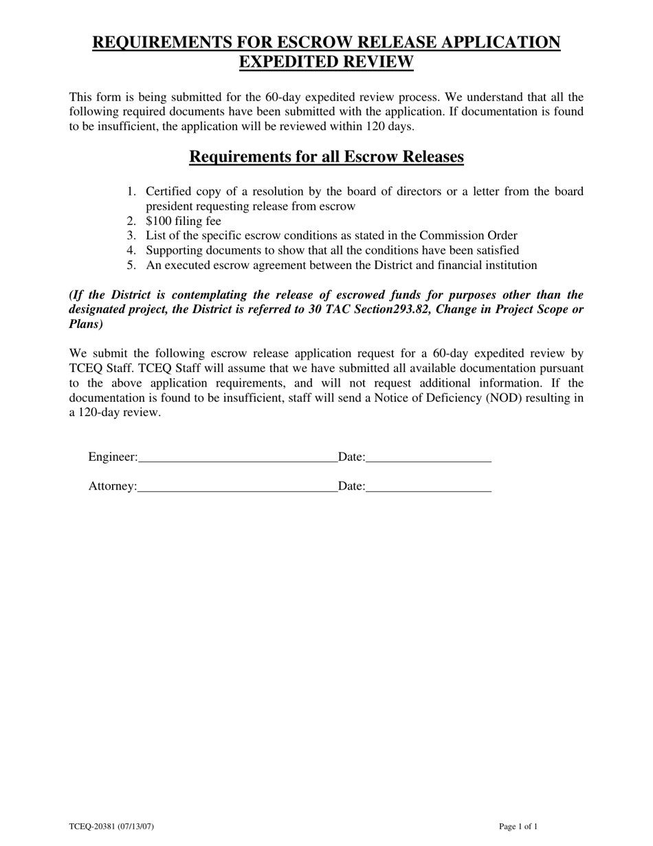 Form TCEQ-20381 Requirements for Escrow Release Application Expedited Review - Texas, Page 1