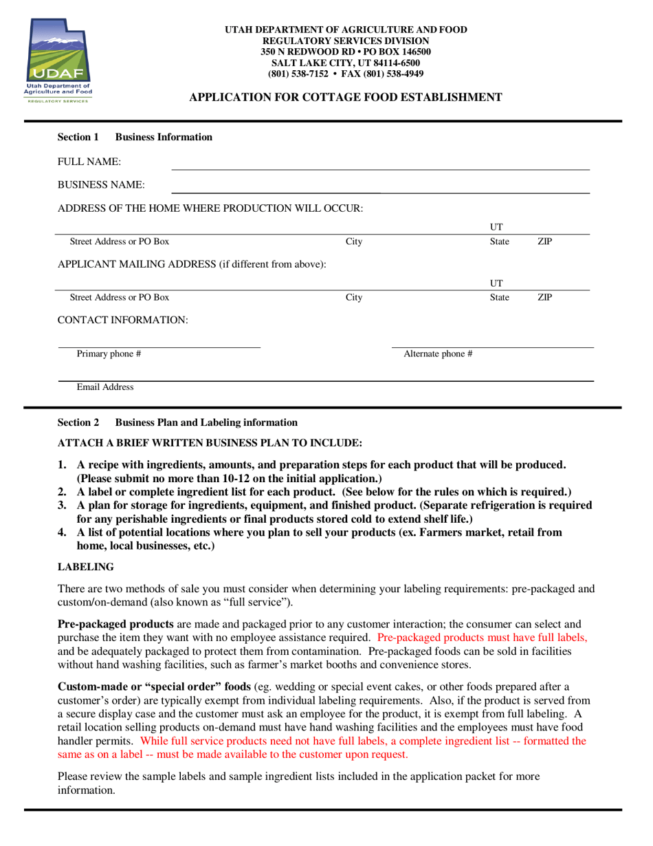 Application for Cottage Food Establishment - Utah, Page 1