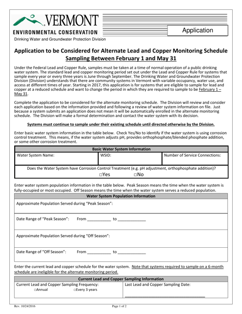 Application to Be Considered for Alternate Lead and Copper Monitoring Schedule - Vermont