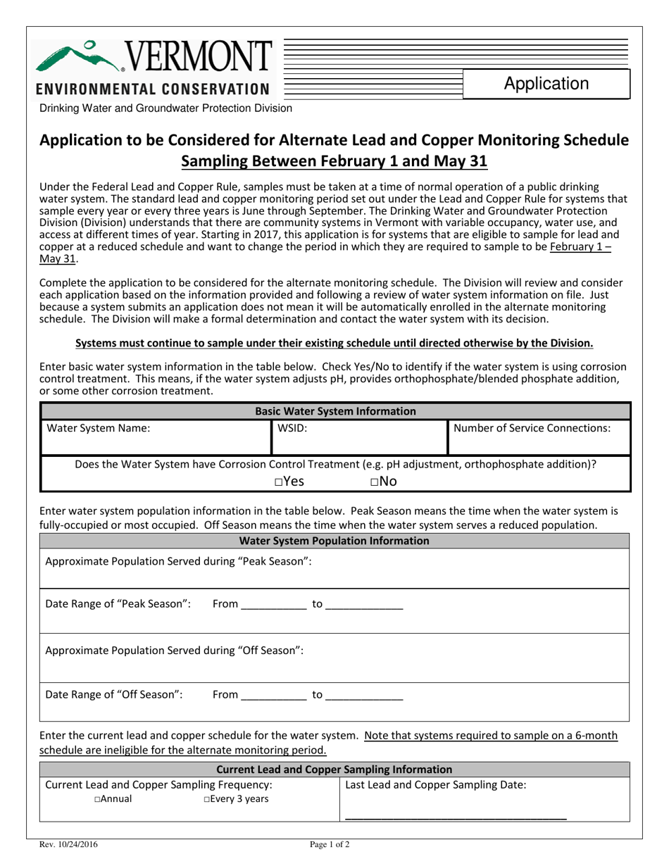Vermont Application to Be Considered for Alternate Lead and Copper