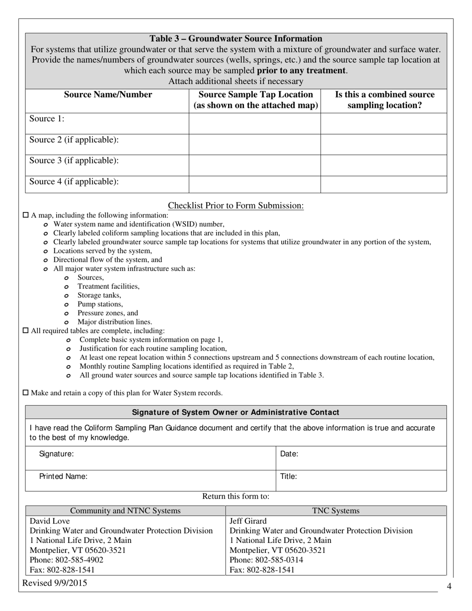 Revised Total Coliform Rule (Rtcr) Coliform Sampling Plan for All Public Water Systems Serving a Population Over 1,000 - Vermont, Page 4