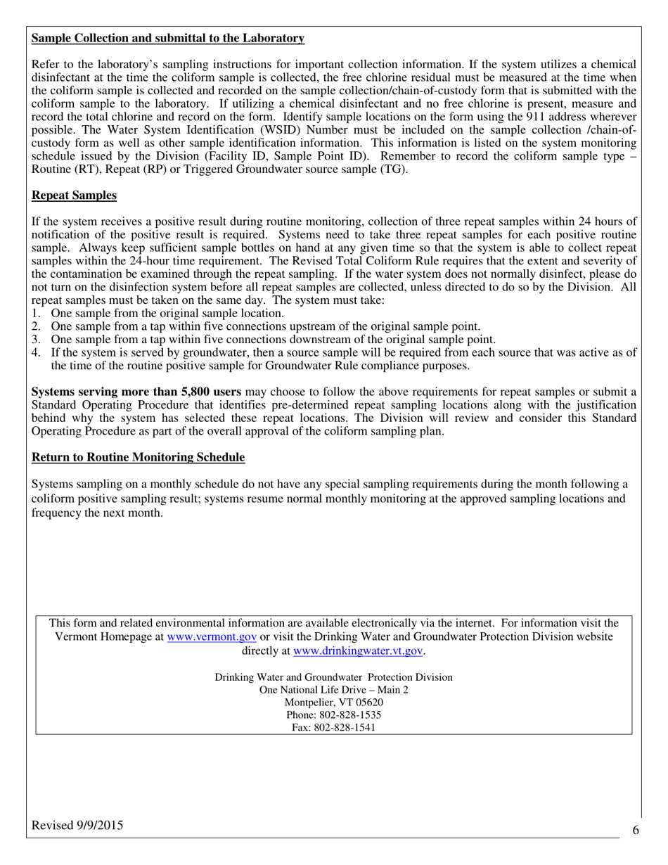 Revised Total Coliform Rule (Rtcr) Coliform Sampling Plan for All Public Water Systems Serving a Population Over 1,000 - Vermont, Page 6