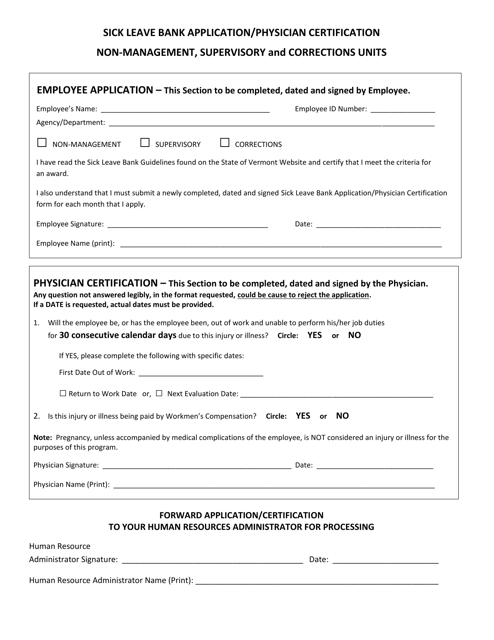 Sick Leave Bank Application / Physician Certification Non-management, Supervisory and Corrections Units - Vermont Download Pdf