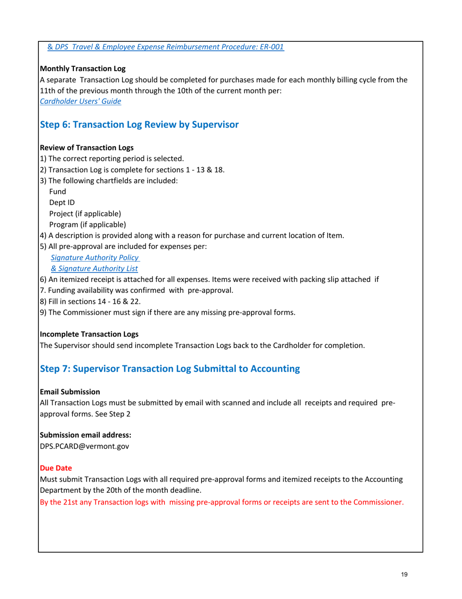 Instructions for Transaction Log - Vermont, Page 19