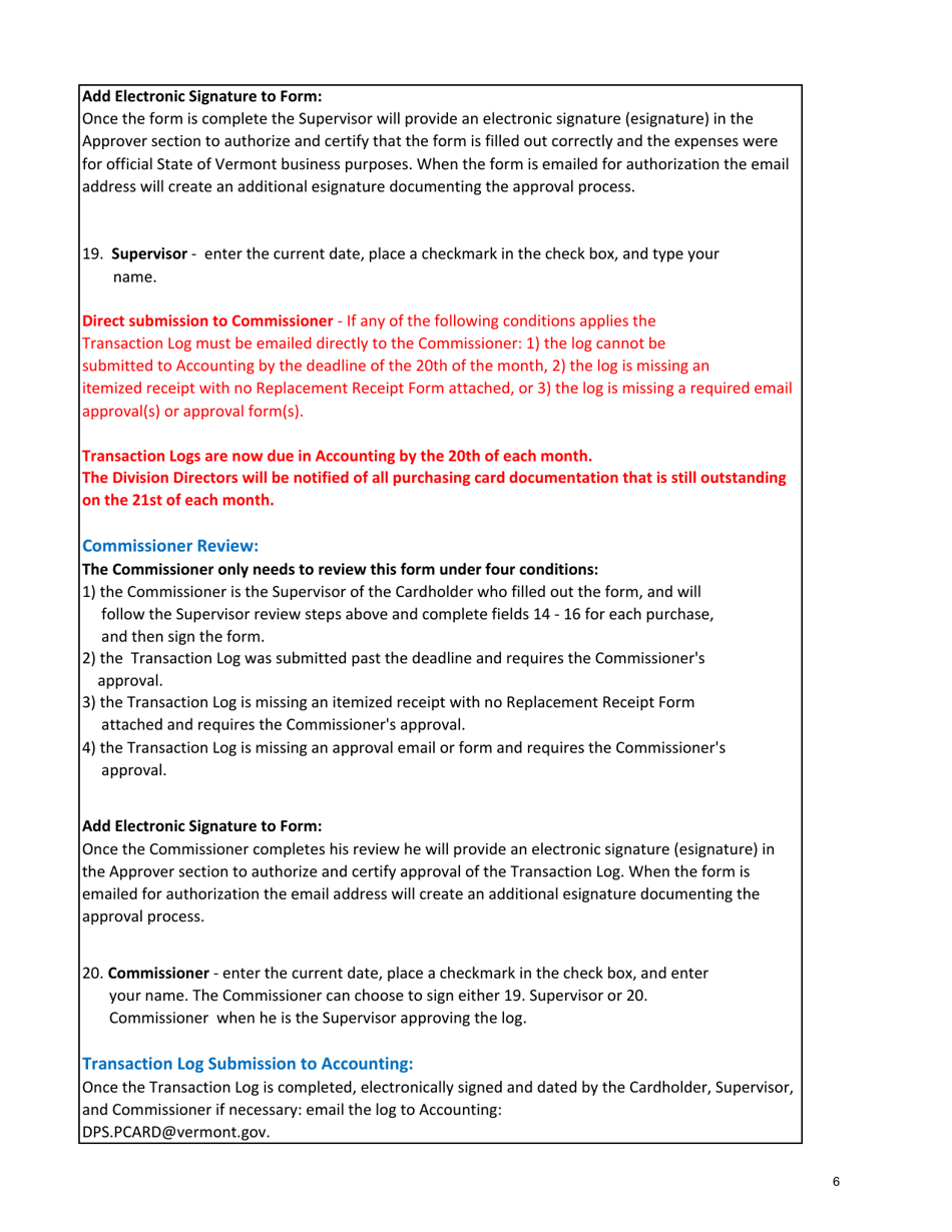 Instructions for Transaction Log - Vermont, Page 6