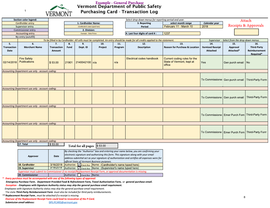 Instructions for Transaction Log - Vermont, Page 8