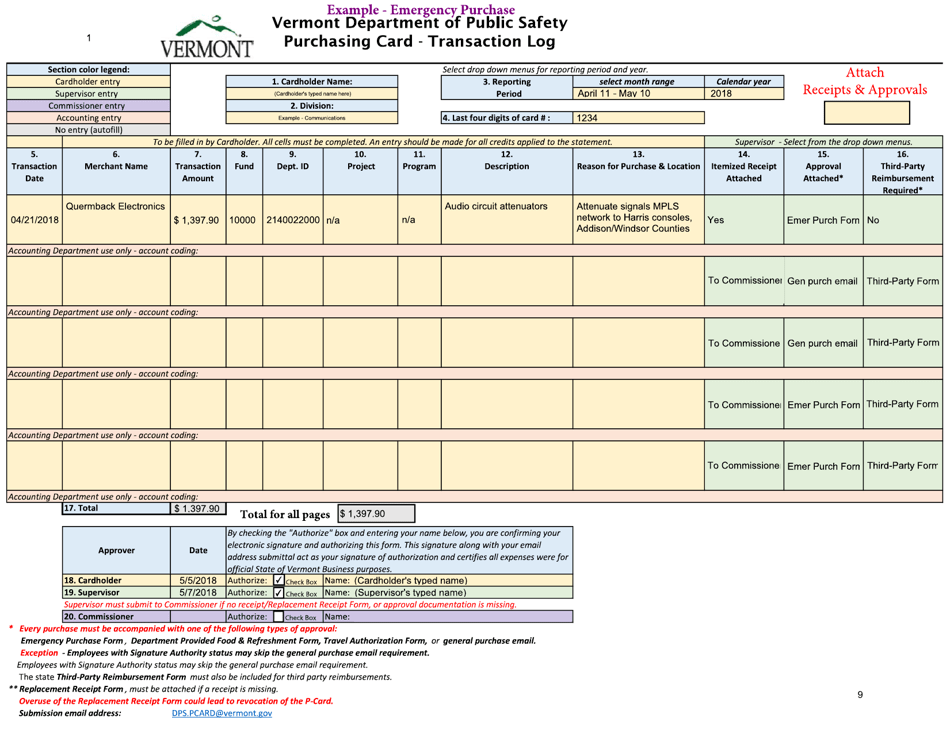 Instructions for Transaction Log - Vermont, Page 9