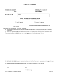Form PE57A Final Decree of Distribution - Vermont