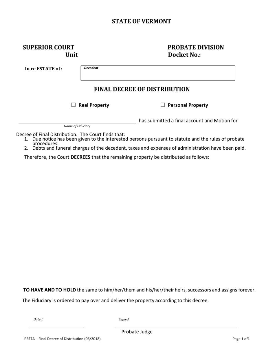 Form PE57A Final Decree of Distribution - Vermont, Page 1