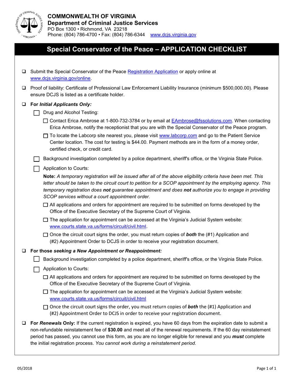 Special Conservator of the Peace  Application Checklist - Virginia, Page 1