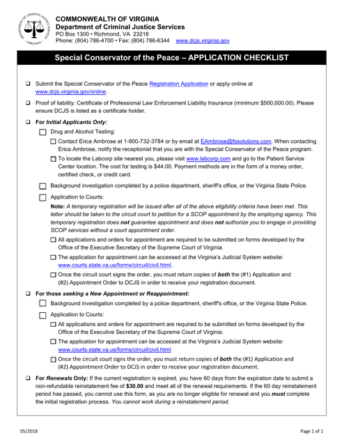 Special Conservator of the Peace " Application Checklist - Virginia Download Pdf