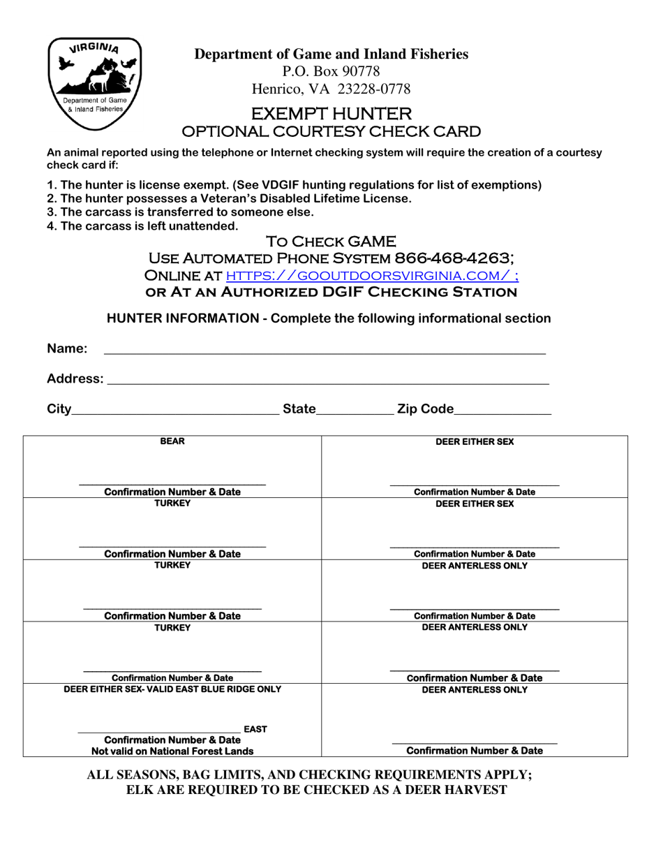 Virginia Exempt Hunter Optional Courtesy Check Card Fill Out, Sign