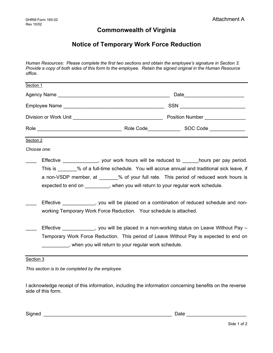 DHRM Form 165-02 Attachment A Notice of Temporary Work Force Reduction - Virginia, Page 1