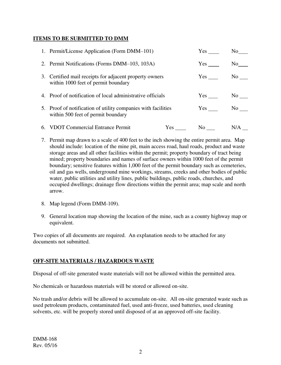 Form DMM-168 General Permit for Sand and Gravel Operations Less Than Ten Acres in Size - Virginia, Page 2