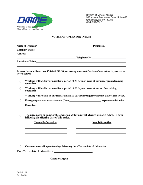 Form DMM-156 Notice of Operator Intent - Virginia