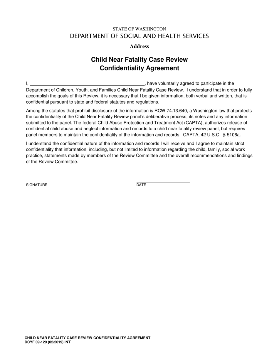 DCYF Form 09-129 Child Near Fatality Case Review Confidentiality Agreement - Washington, Page 1