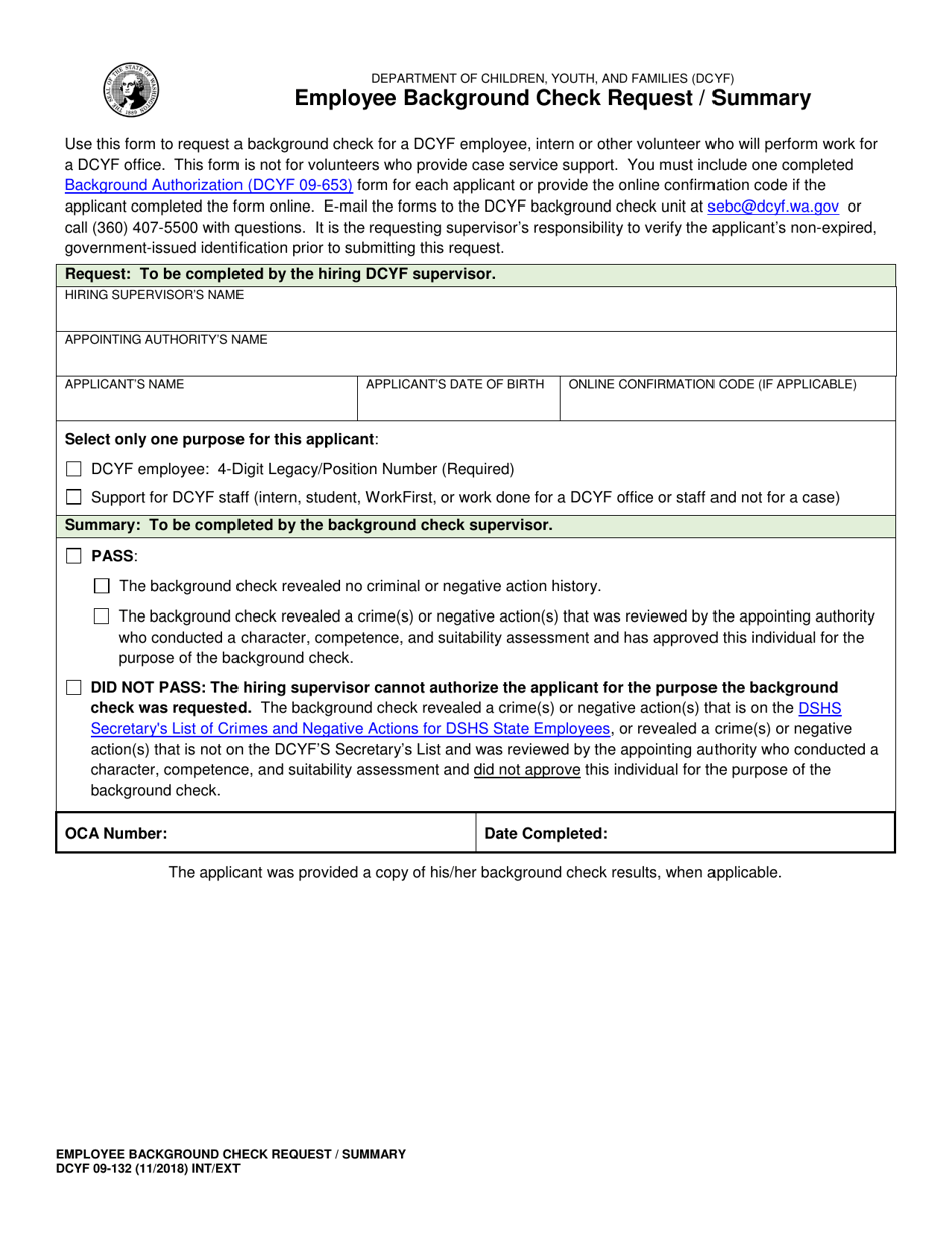 DCYF Form 09-132 Employee Background Check Request / Summary - Washington, Page 1