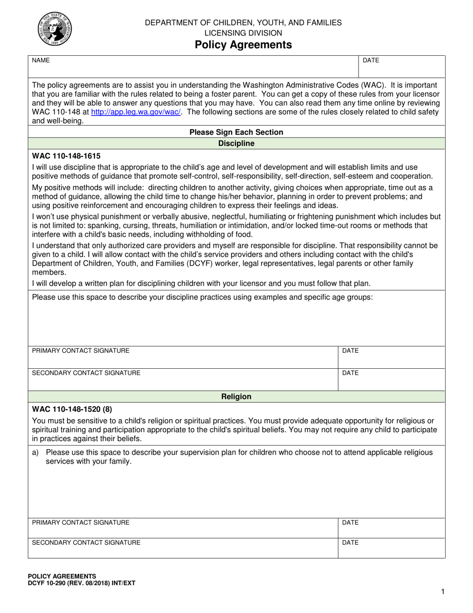 DCYF Form 10-290 Policy Agreements - Washington, Page 1