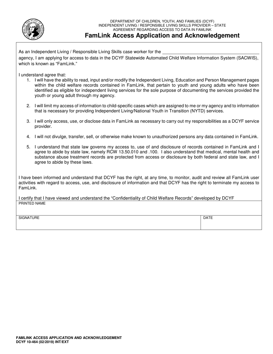 DCYF Form 10-464 Famlink Access Application and Acknowledgement - Washington, Page 1