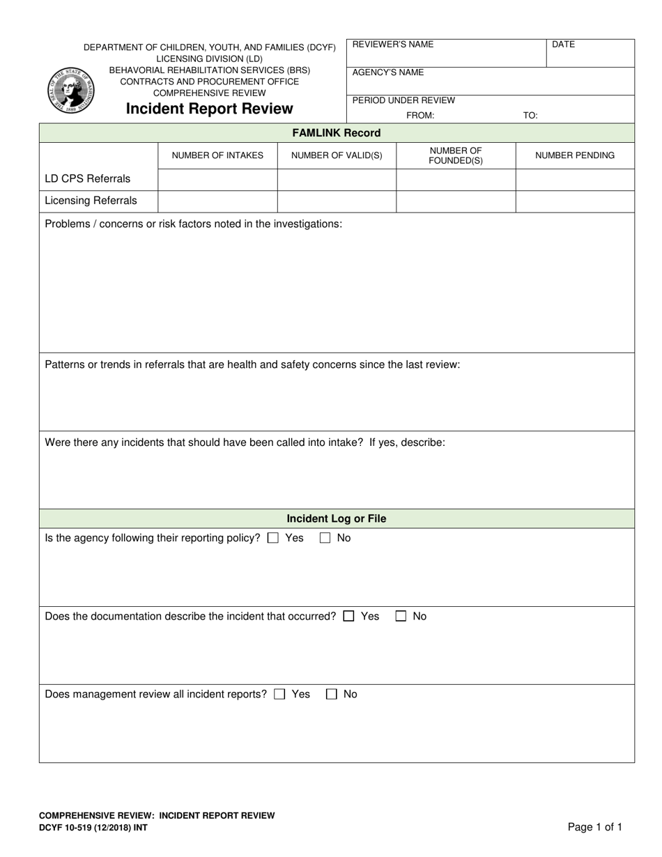DCYF Form 10-519 Incident Report Review - Washington, Page 1