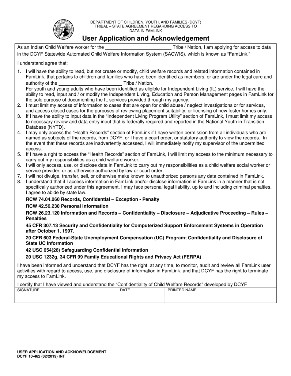 DCYF Form 10-462 User Application and Acknowledgement - Washington, Page 1