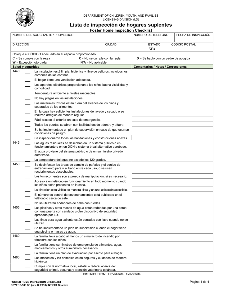 DCYF Formulario 10-183 SP Lista De Inspeccion De Hogares Suplentes - Washington (Spanish), Page 1