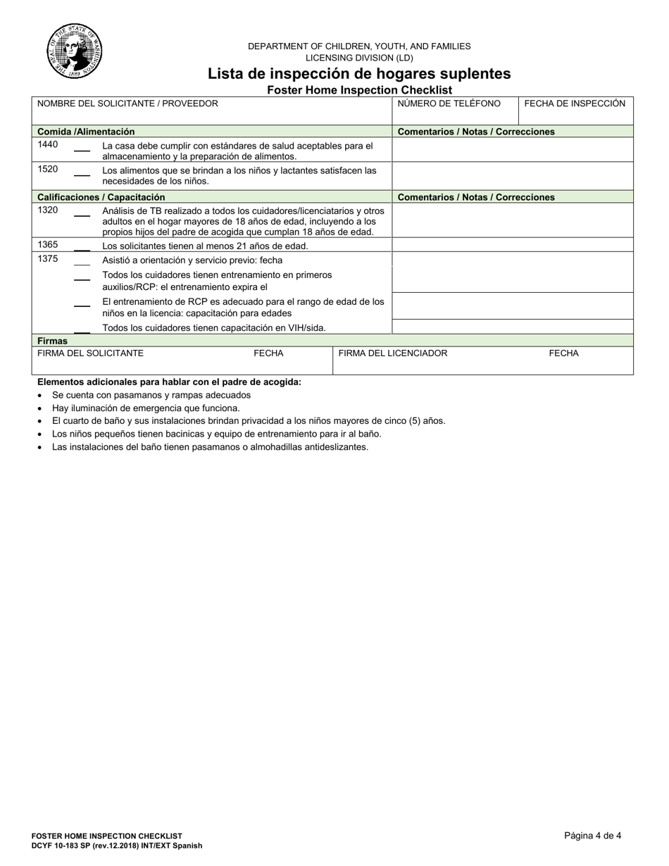 DCYF Formulario 10-183 SP Lista De Inspeccion De Hogares Suplentes - Washington (Spanish), Page 4