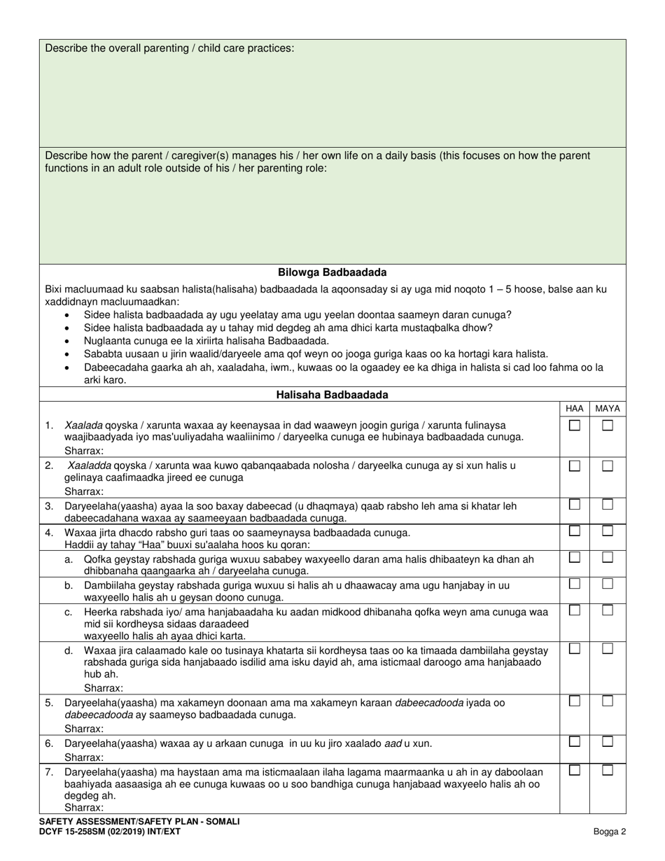 DCYF Form 15-258 Safety Assessment / Safety Plan - Washington (Somali), Page 2