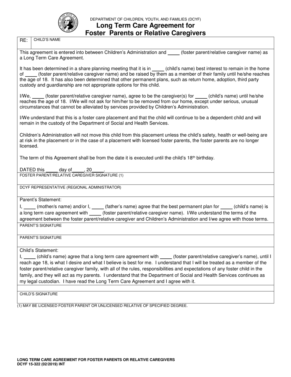 DCYF Form 15-322 Long Term Care Agreement for Foster Parents or Relative Caregivers - Washington, Page 1