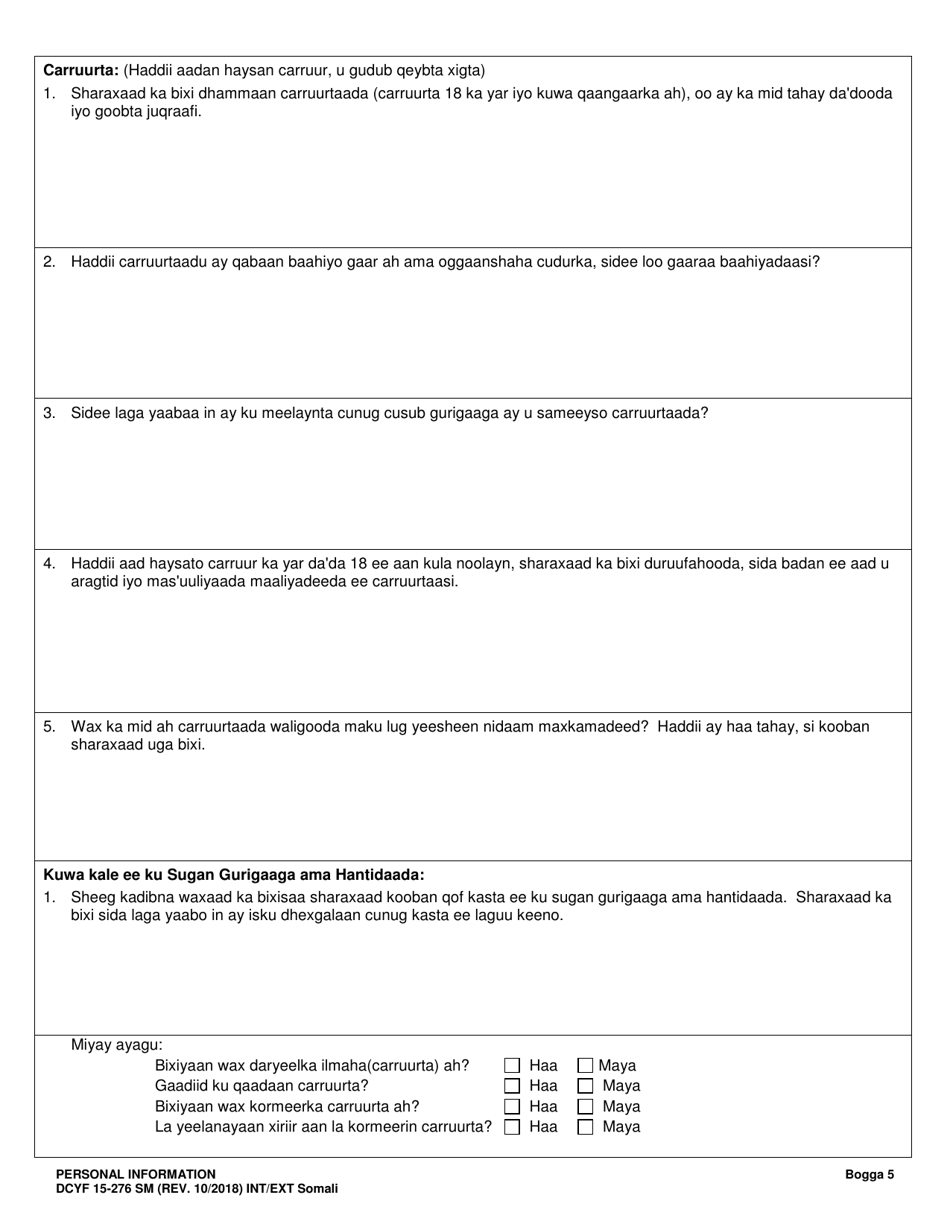 DCYF Form 15-276 Personal Information - Washington (Somali), Page 5