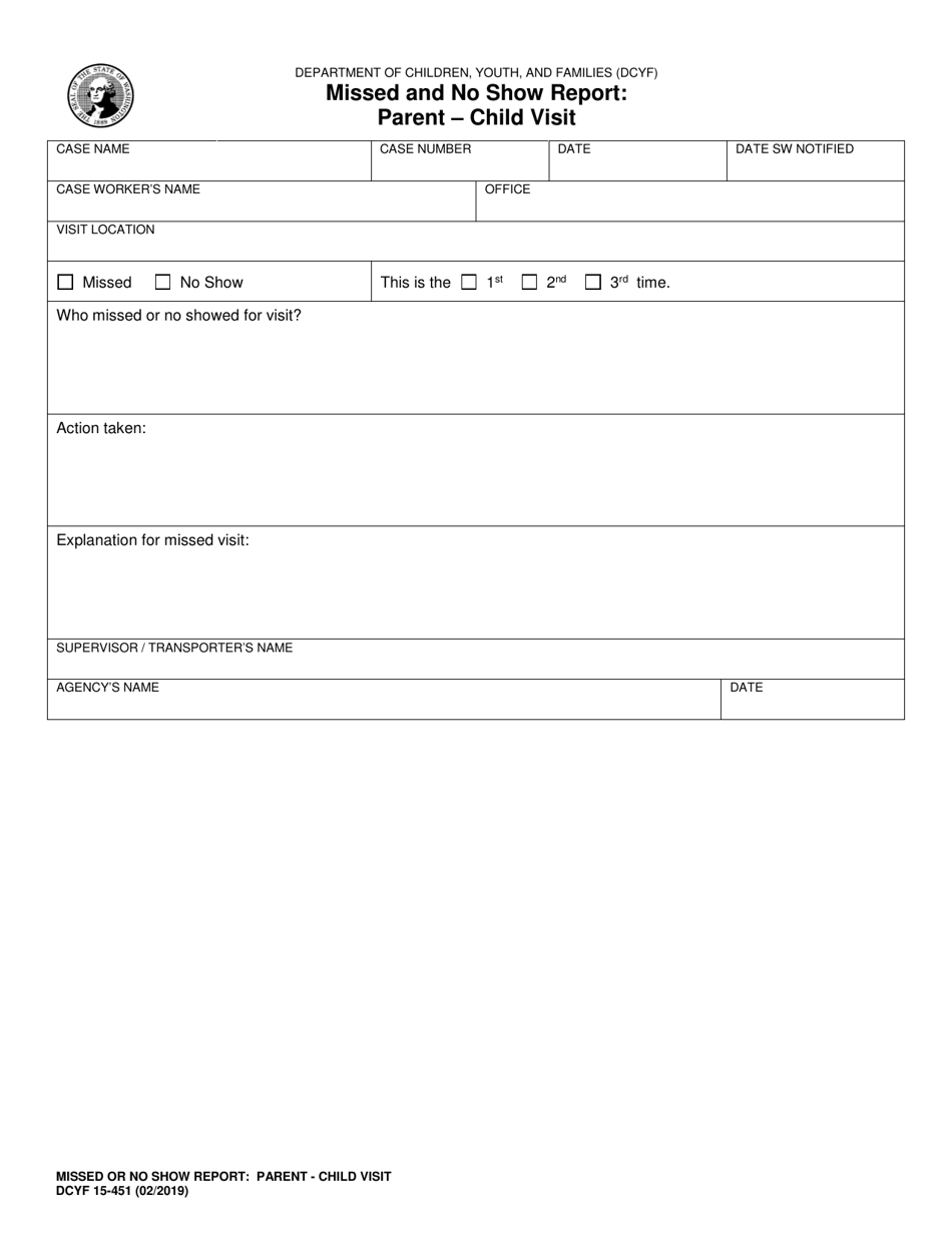 DCYF Form 15-451 Missed and No Show Report: Parent  Child Visit - Washington, Page 1