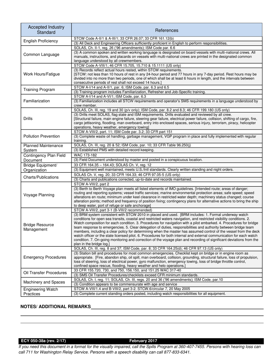 Form ECY050-38A Cargo and Passenger Vessel Boarding Checklist  Short Form - Washington, Page 2