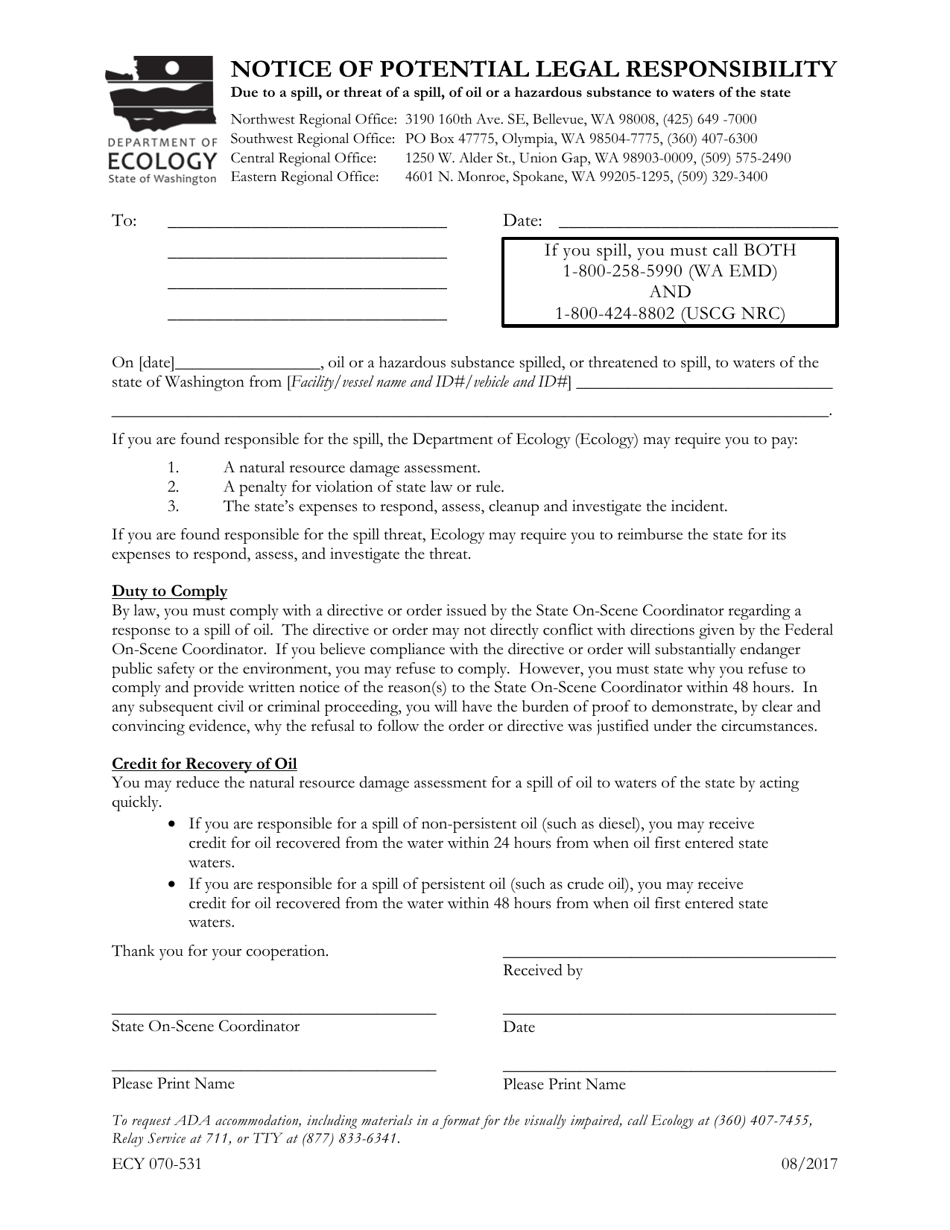 Form ECY070-531 Notice of Potential Legal Responsibility - Washington, Page 1