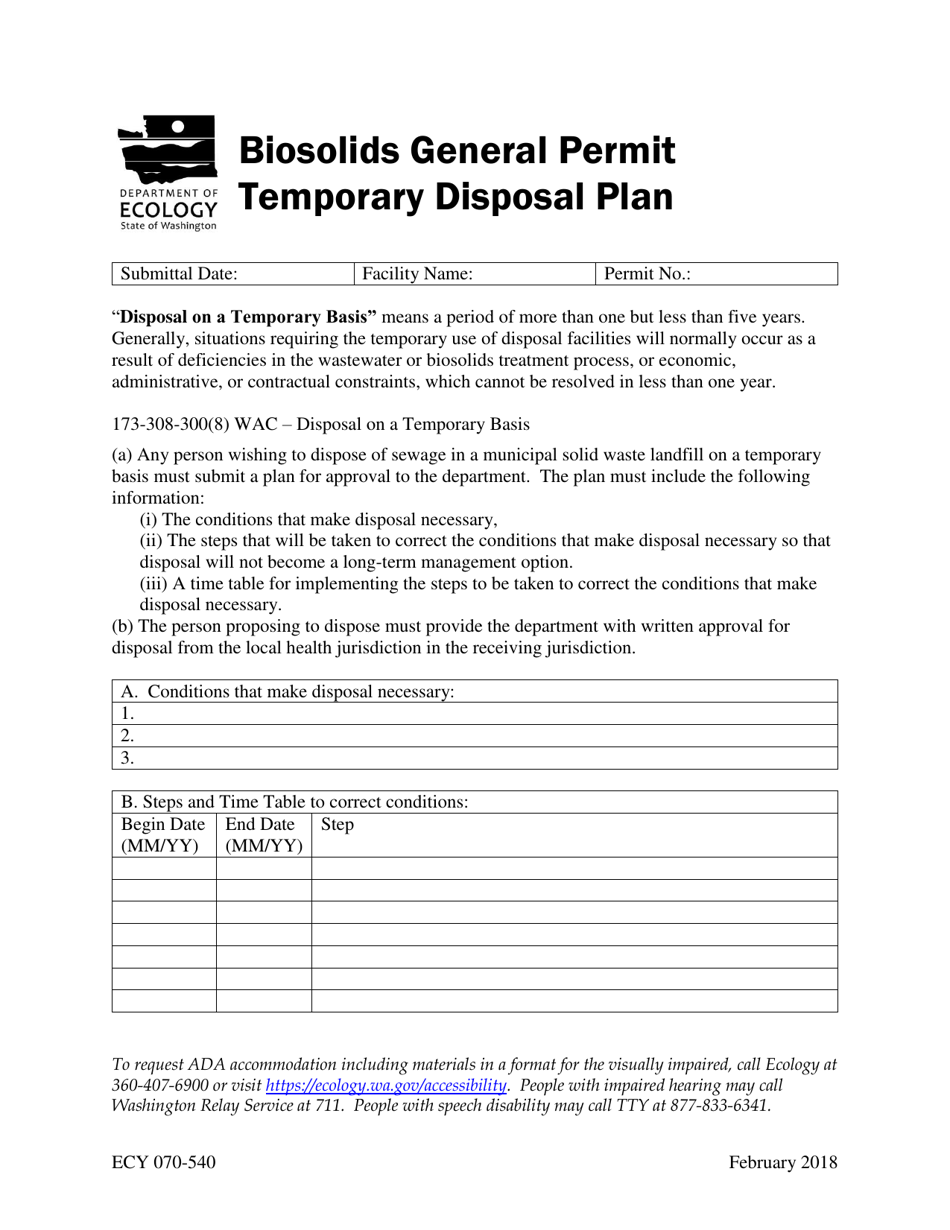 Form ECY070-540 Biosolids General Permit Temporary Disposal Plan - Washington, Page 1