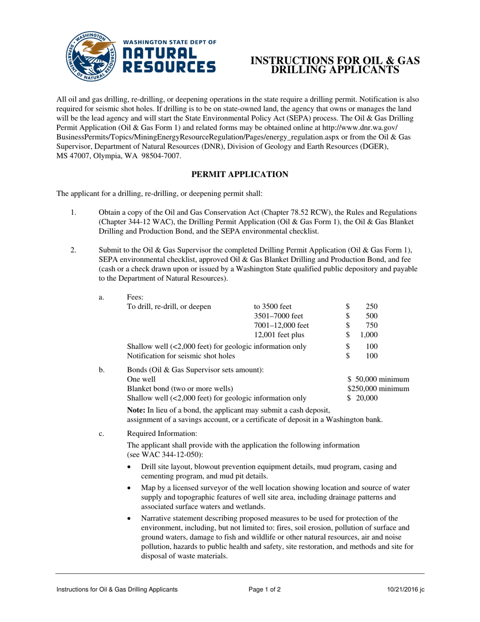 Washington Instructions for Oil and Gas Drilling Permit Applicants