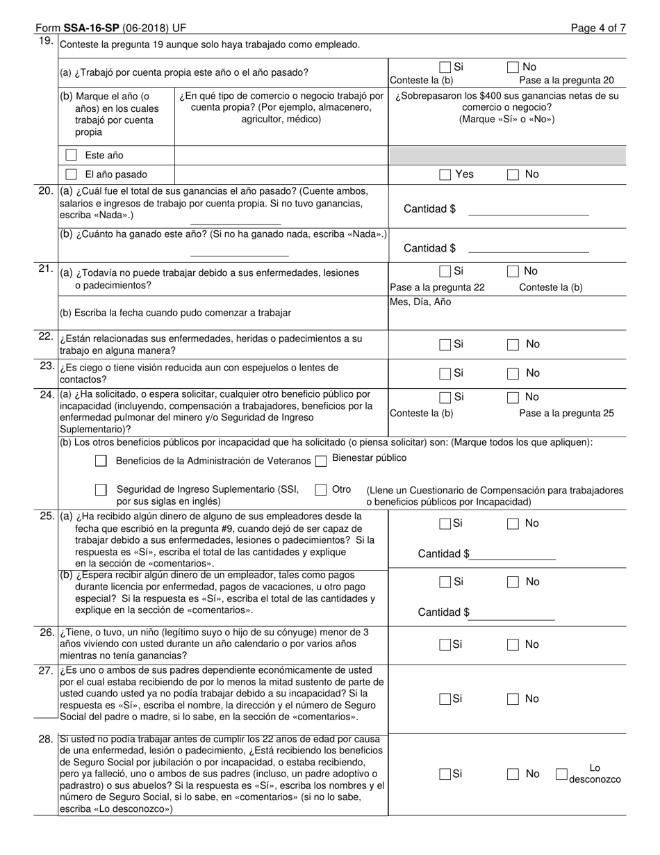 Formulario SSA-16-SP Solicitud Para Beneficios De Seguro Por Incapacidad (Spanish), Page 4