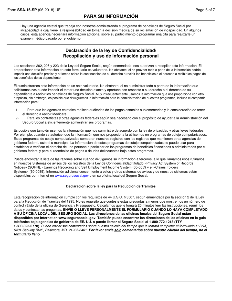 Formulario SSA-16-SP Solicitud Para Beneficios De Seguro Por Incapacidad (Spanish), Page 6
