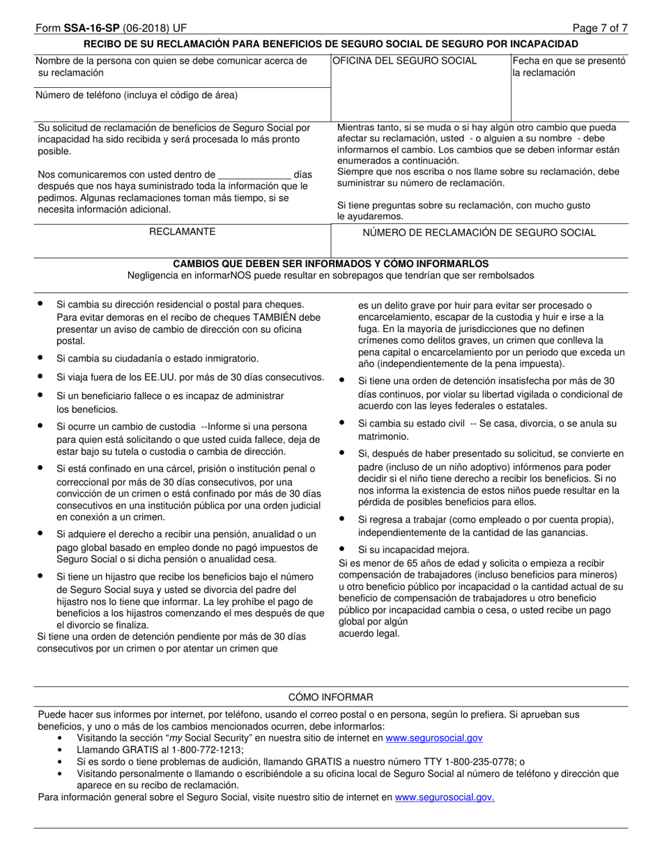Formulario SSA-16-SP Solicitud Para Beneficios De Seguro Por Incapacidad (Spanish), Page 7