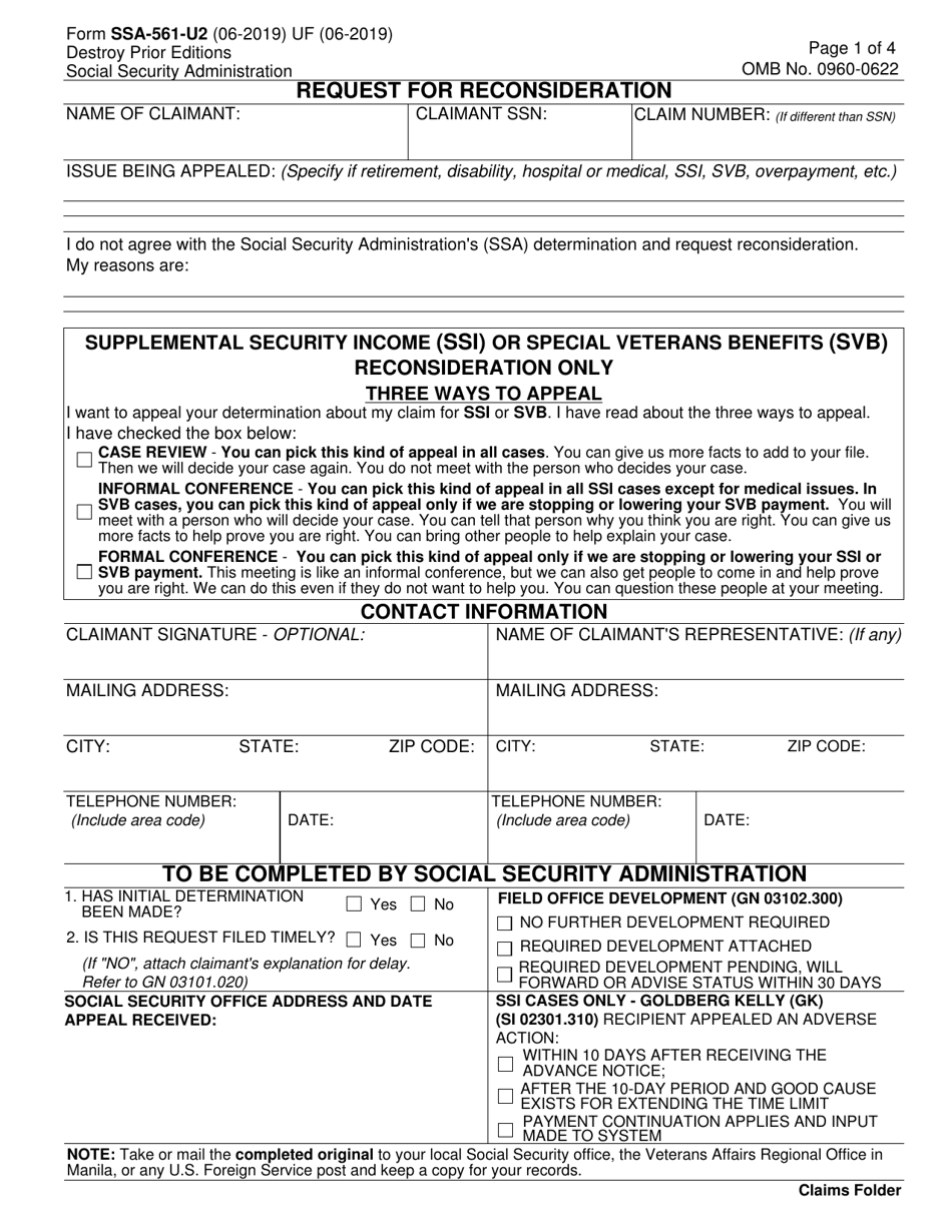 Form SSA-561-U2 Request for Reconsideration, Page 1