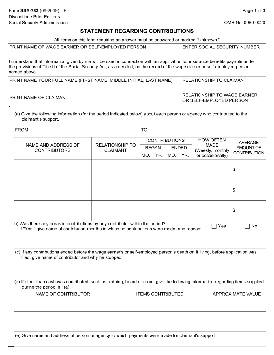 Form SSA-783 Statement Regarding Contributions, Page 1