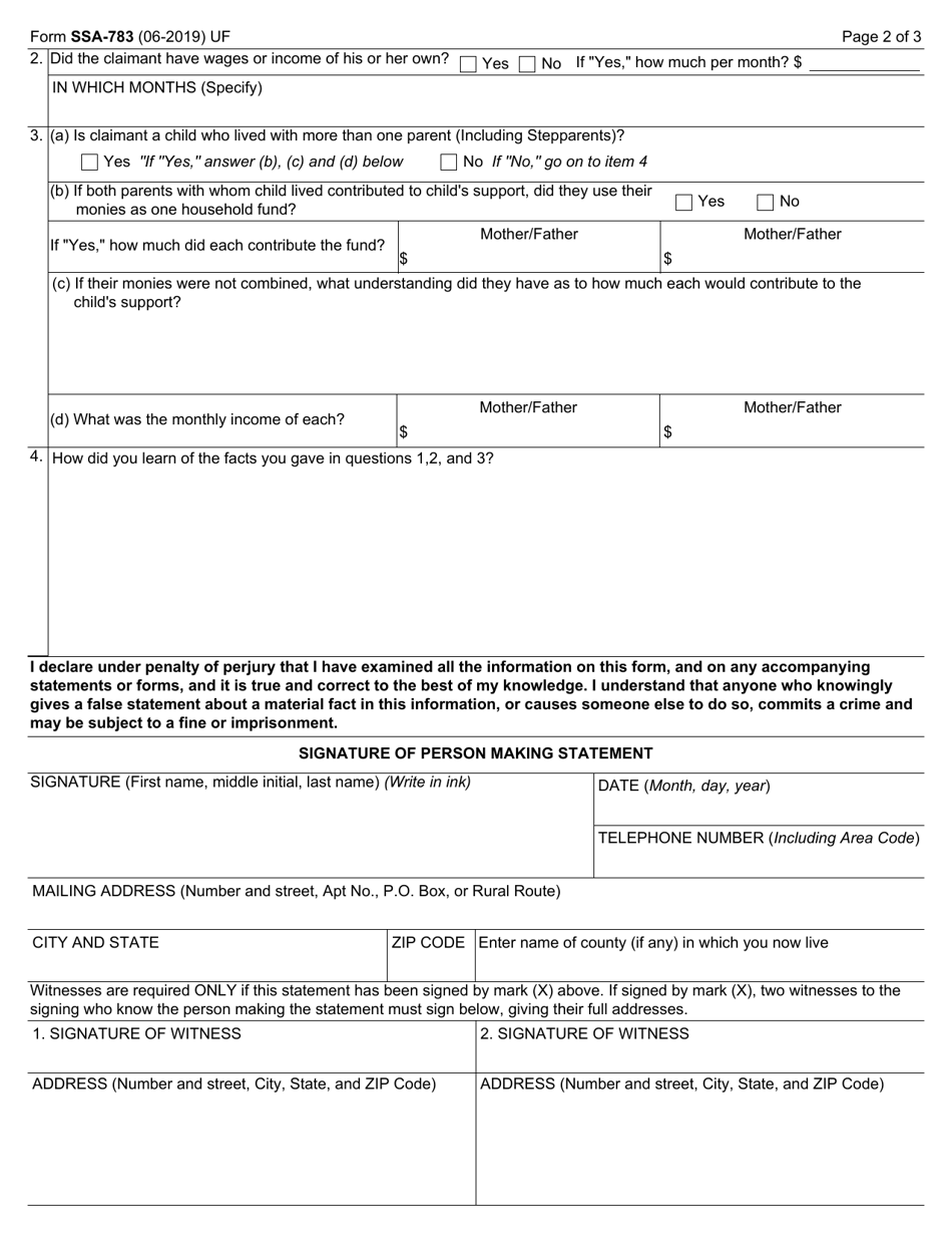 Form Ssa 783 Download Fillable Pdf Or Fill Online Statement Regarding Contributions Templateroller 5684