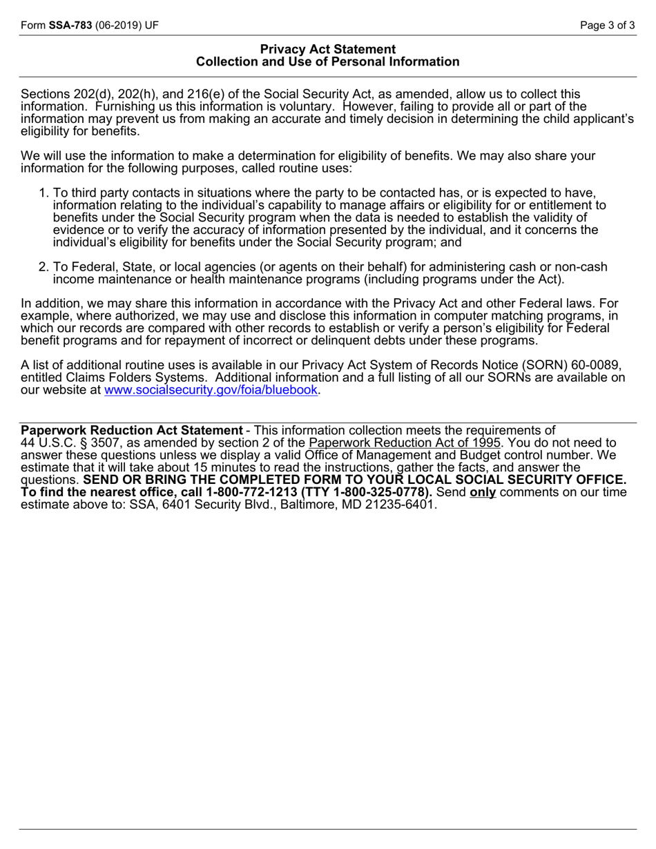 Form SSA-783 Statement Regarding Contributions, Page 3