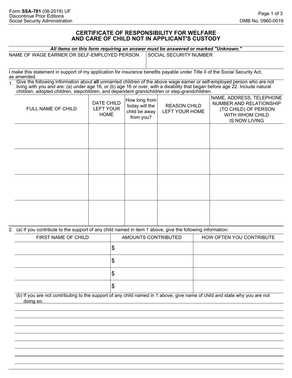 Form SSA-781 Certificate of Responsibility for Welfare and Care of Child Not in Applicants Custody, Page 1