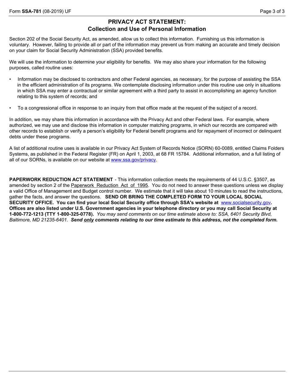 Form SSA-781 Certificate of Responsibility for Welfare and Care of Child Not in Applicants Custody, Page 3