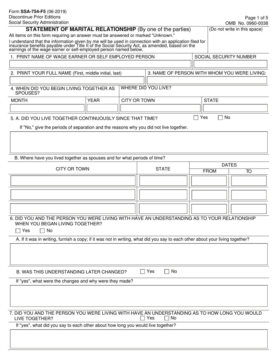 Form SSA-754-F5 Statement of Marital Relationship (By One of the Parties), Page 1