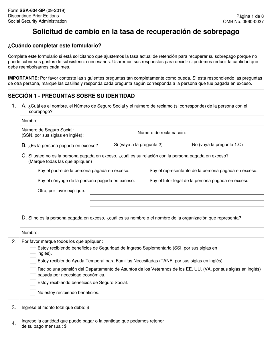 Formulario SSA-634-SP Solicitud De Cambio En La Tasa De Recuperacion De Sobrepago (Spanish), Page 1